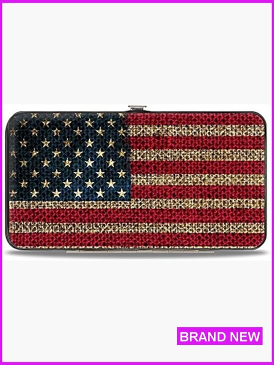 Mens Long Wallet (Small American Flag) Vintage Flag Stretch Wallet Vegan Leather Slim Hinge Design Travel Accessory